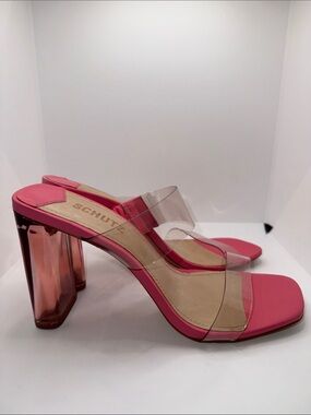 Schutz Ariella Sandals w Acrylic Heel & Clear Straps Women’s 8 Pink